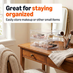 Amazon Basics stacked units on vanity saving counter space and organizing makeup
