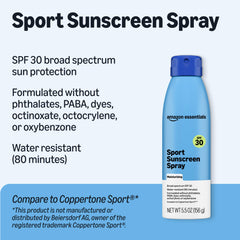 Amazon Essentials close-up of spray nozzle and sunscreen texture for quick application