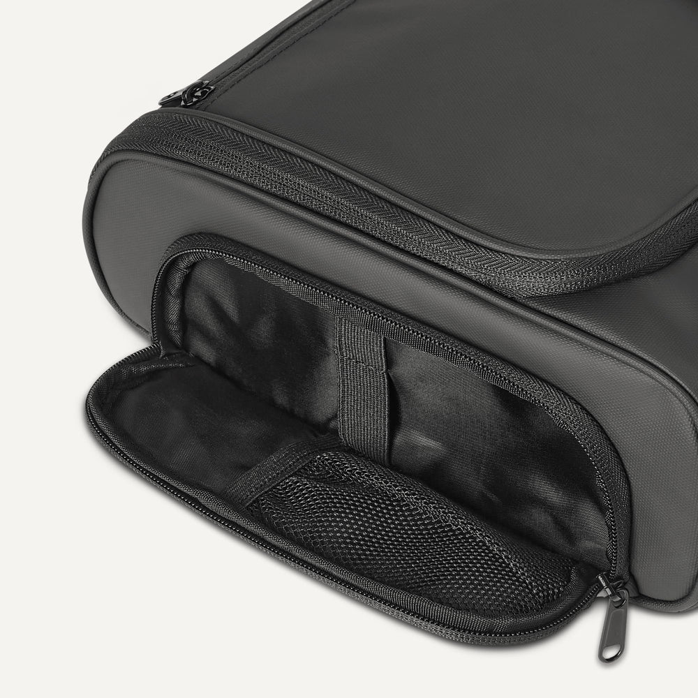 Amazon Essentials bag hanging in bathroom with hook deployed for easy access