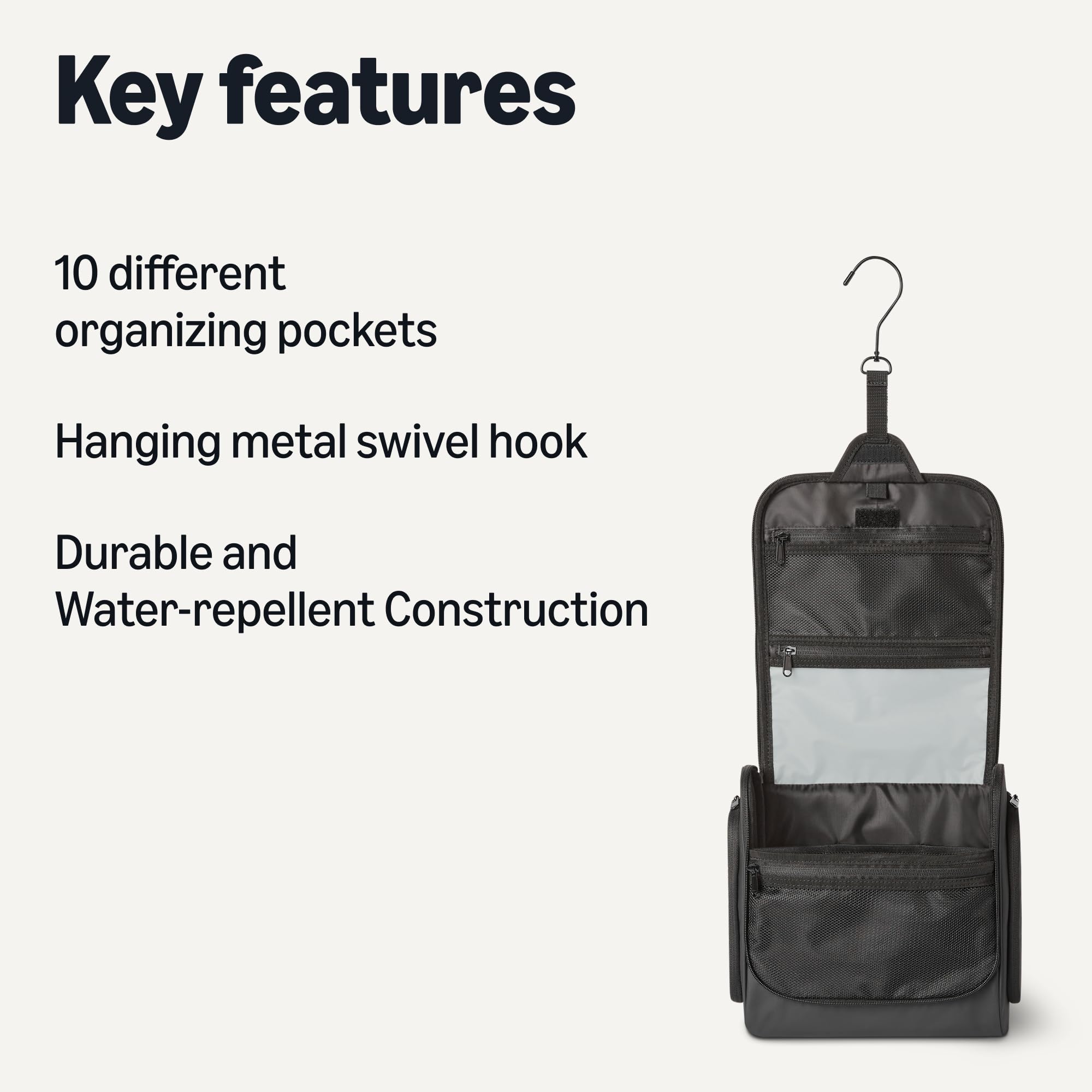 Amazon Essentials toiletry bag open interior showing pockets and mesh for organized storage