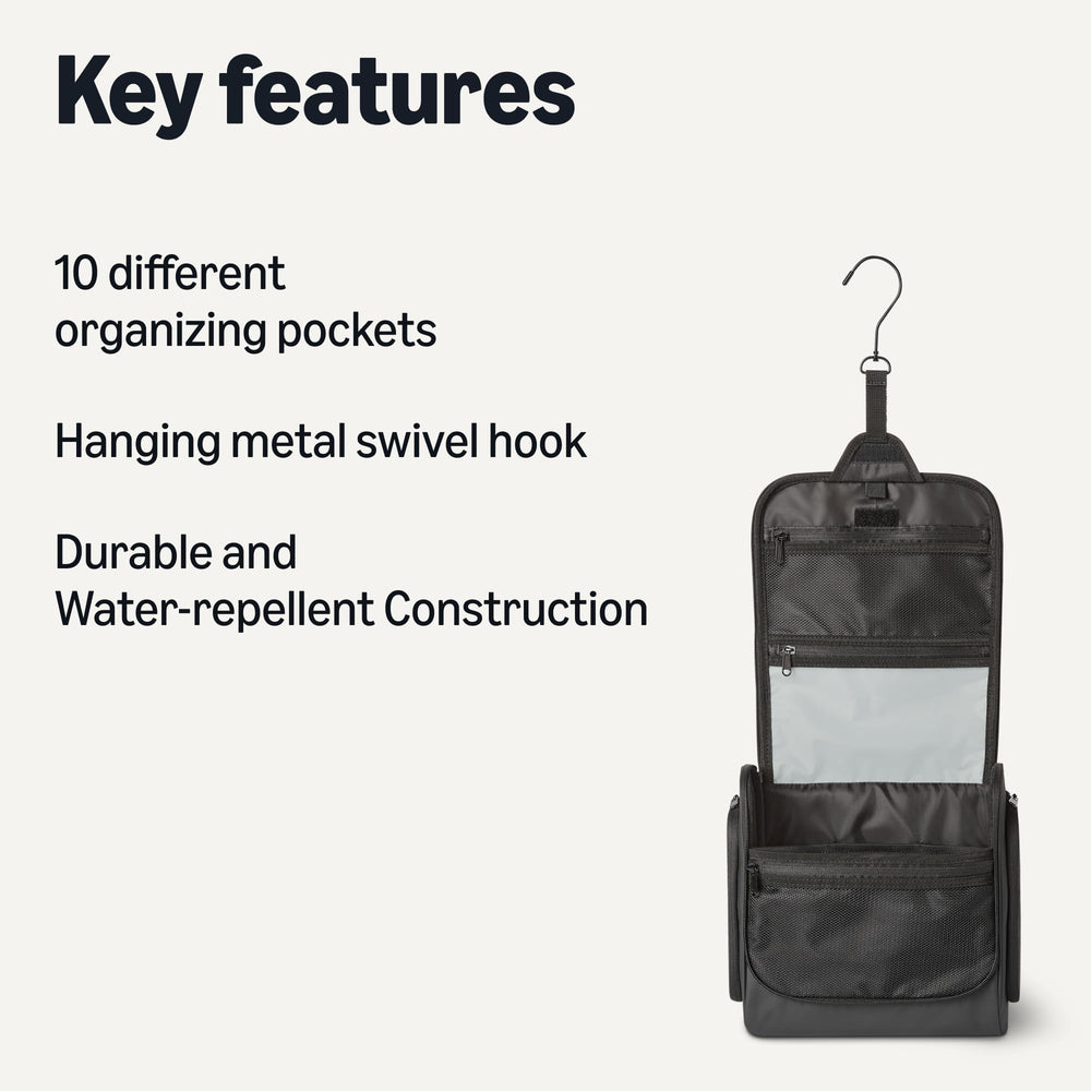 Amazon Essentials toiletry bag open interior showing pockets and mesh for organized storage