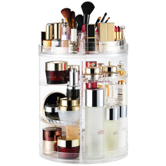 AMEITECH front view of clear rotating organizer showing tidy cosmetics and visibility benefit