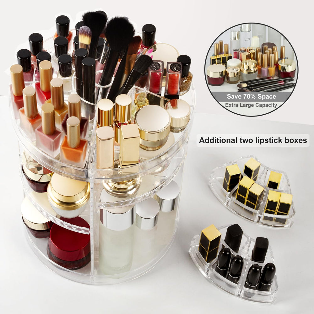 AMEITECH organizer in use with brushes and lipsticks showing quick access benefit