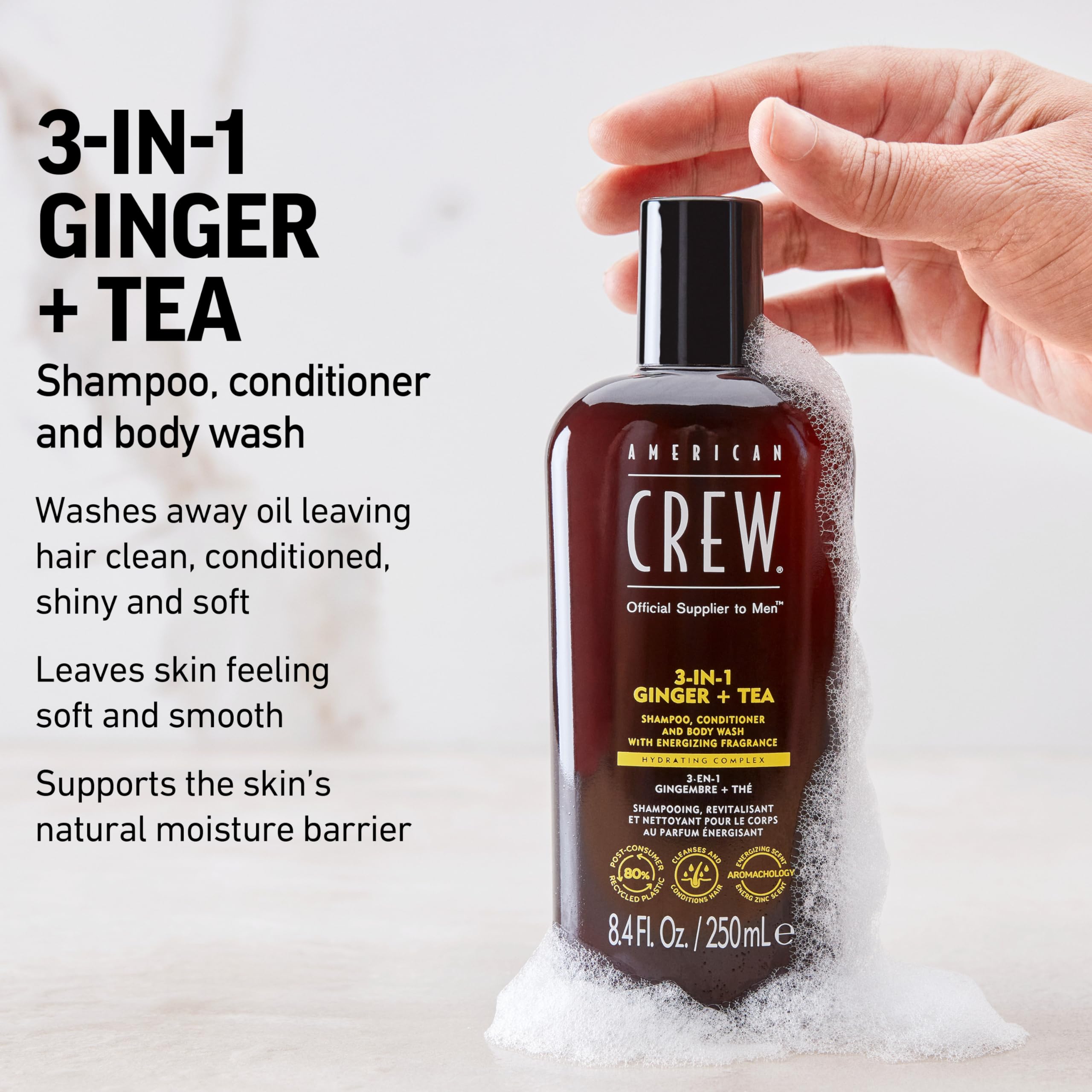 American Crew lathered texture on hand demonstrating gentle foaming benefit