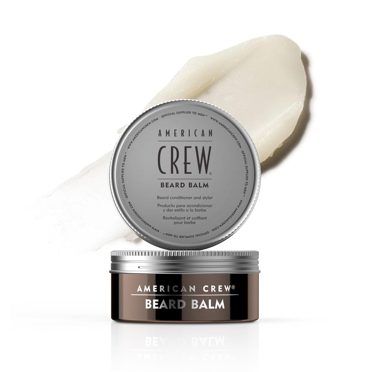 American Crew beard balm front tin showing label and compact size benefit