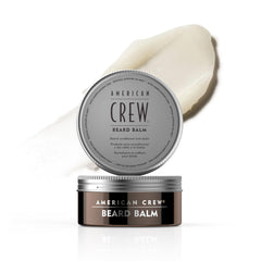 American Crew beard balm front tin showing label and compact size benefit