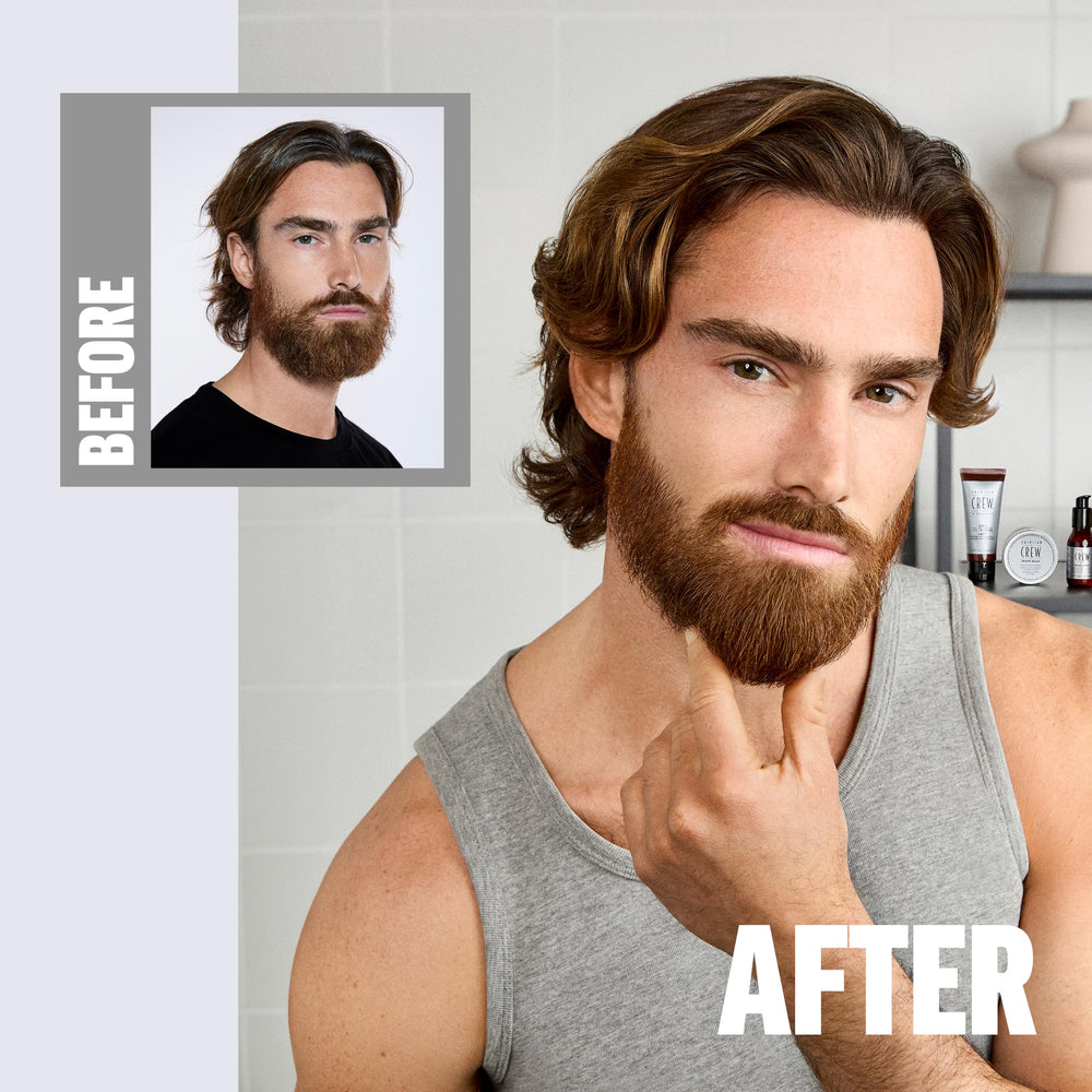 American Crew beard balm in hand application demonstrating easy warming and spreadability