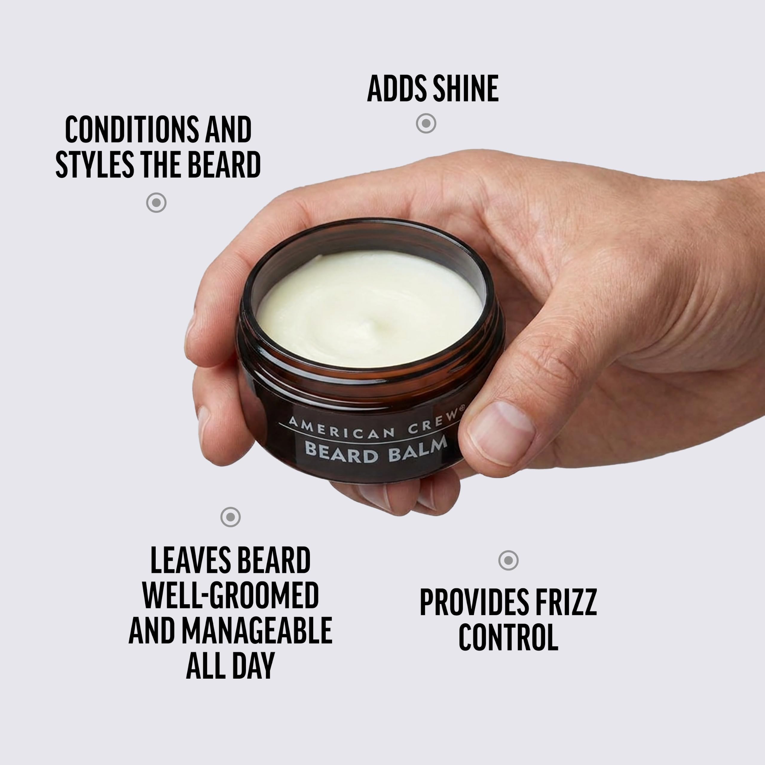 American Crew beard balm with sweet almond and shea butter ingredients highlighting nourishment