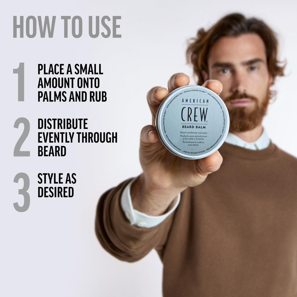 American Crew beard balm next to ruler illustrating 2.1 oz travel-friendly size