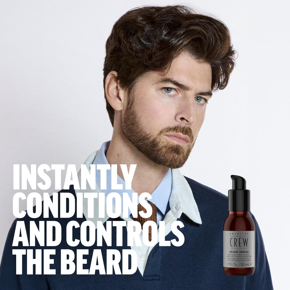 American Crew dropper applying serum to beard demonstrating precise, mess-free use