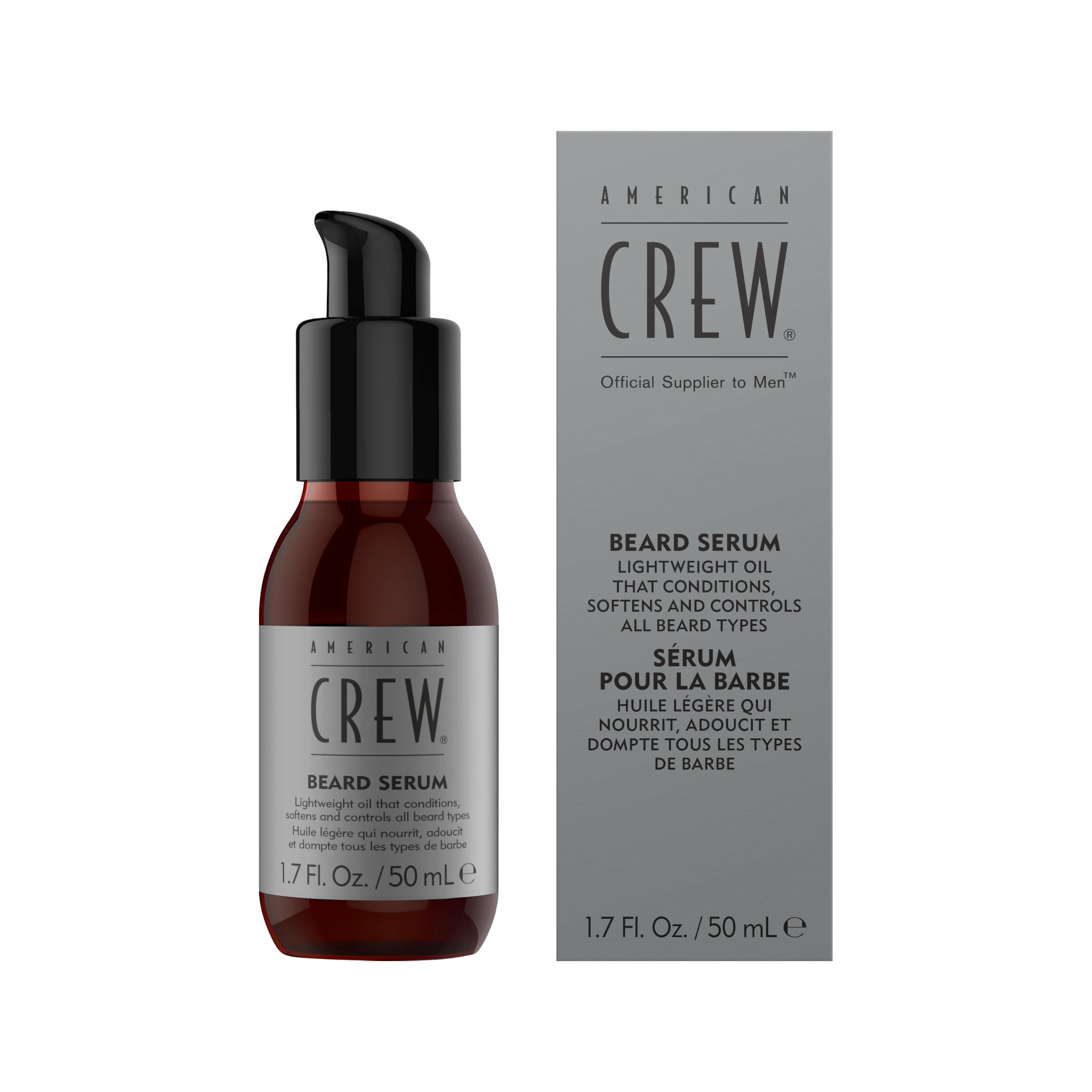American Crew front bottle view showing sleek packaging and immediate grooming benefit