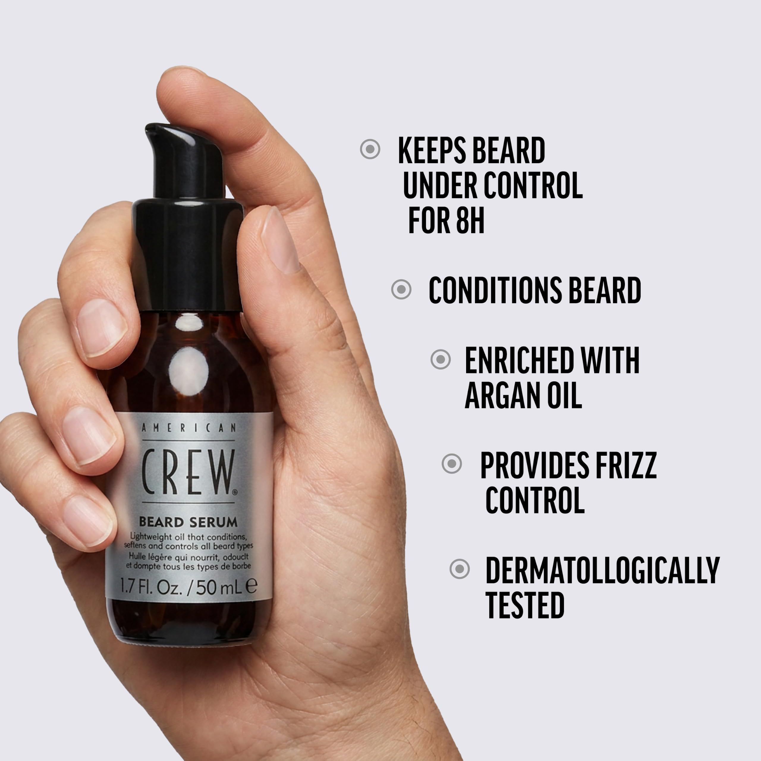 American Crew close-up of serum texture highlighting lightweight, fast-absorbing oil