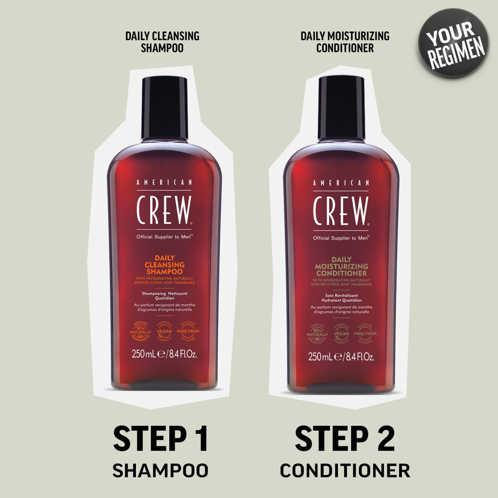 American Crew conditioner staged in bathroom lifestyle scene promoting daily grooming routine