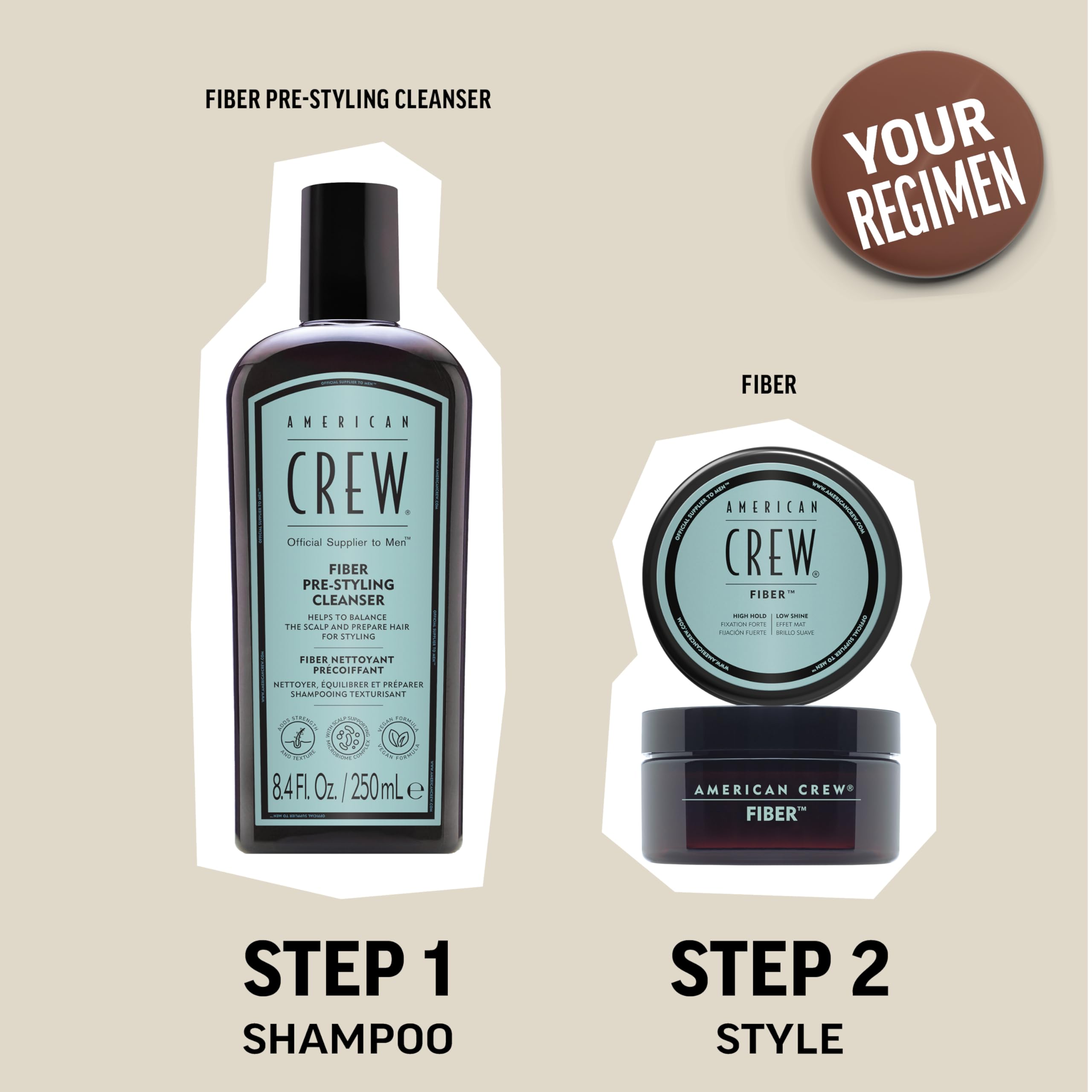 American Crew jar on bathroom shelf with tools, convenient grooming setup