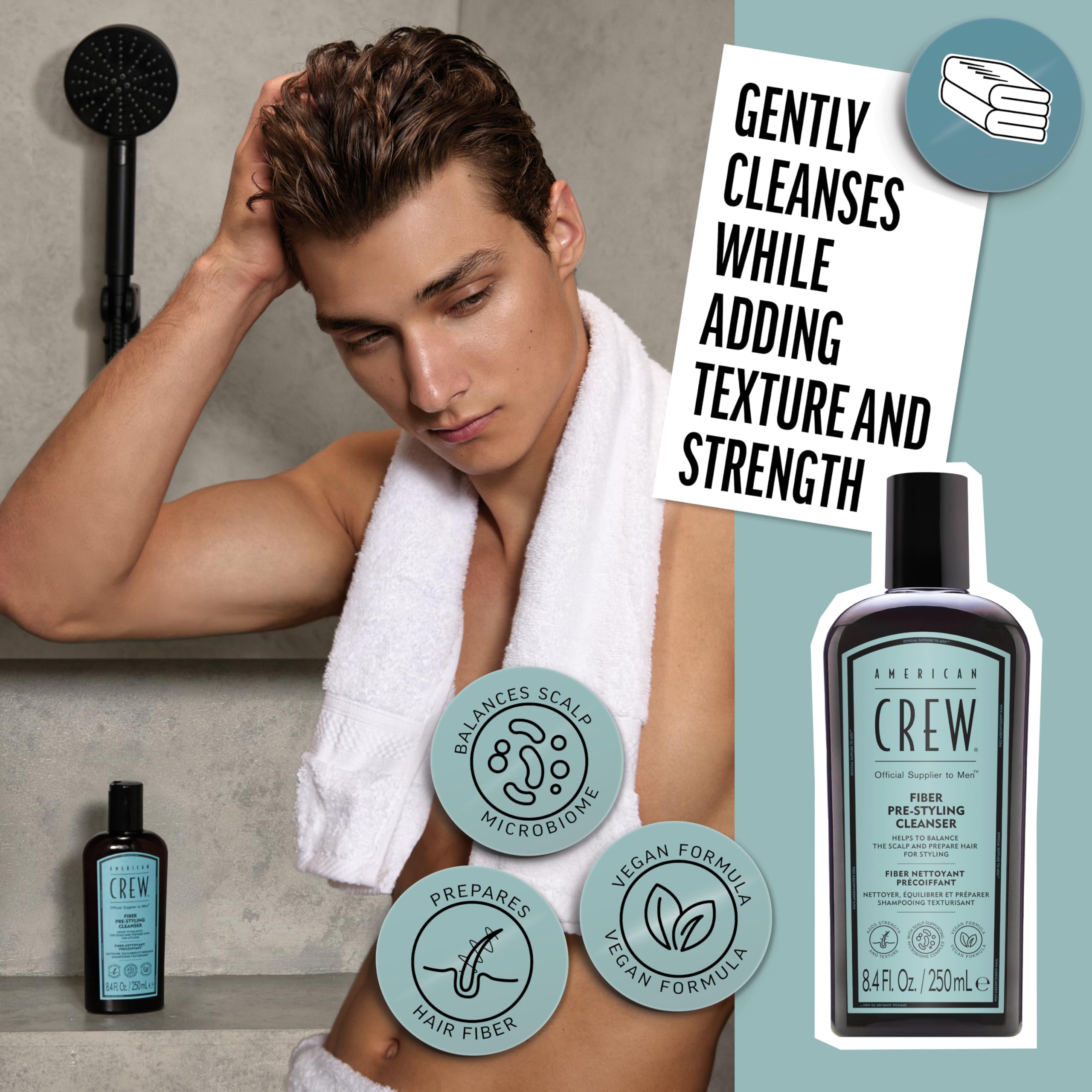 American Crew creating lather in palm to illustrate cleansing power