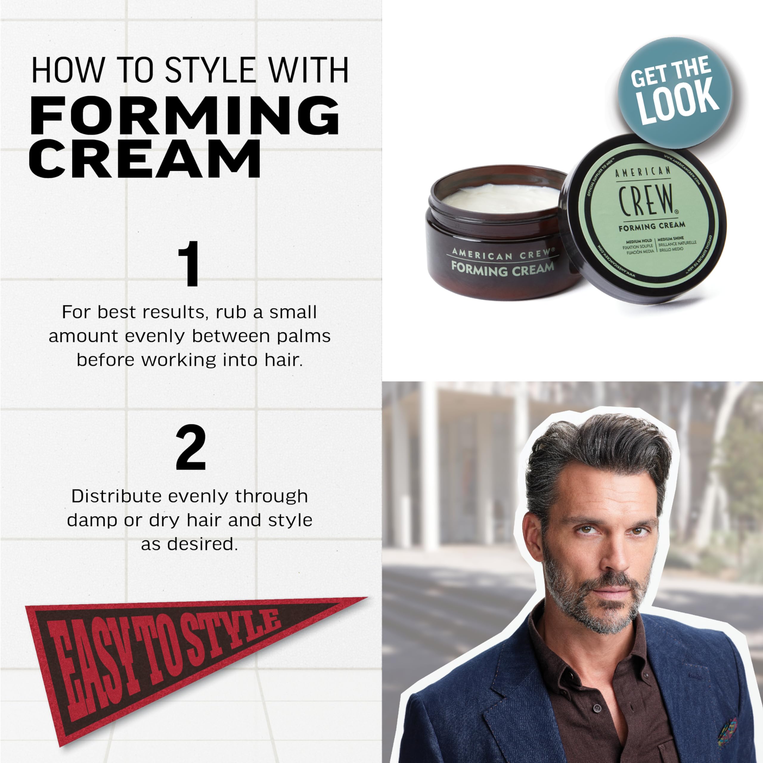 AMERICAN CREW side label detail highlighting product use and styling benefits