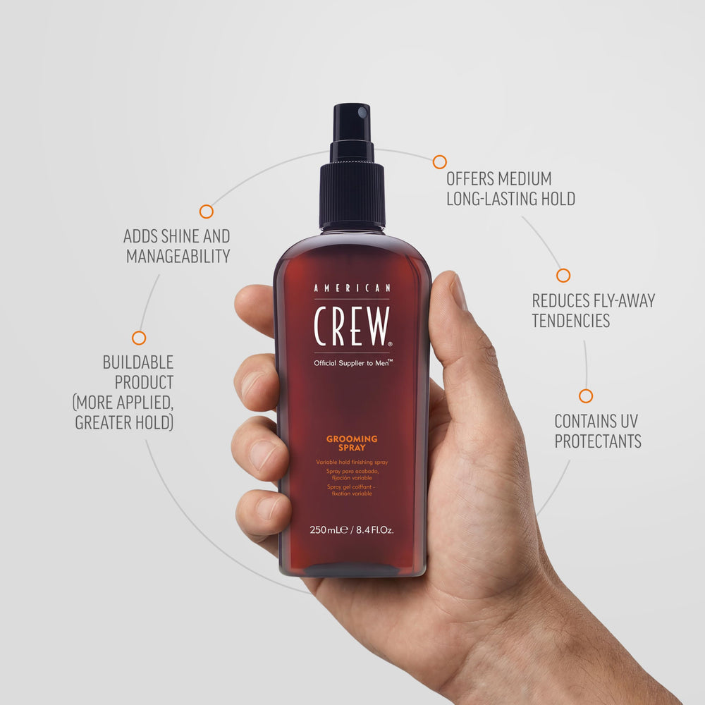 American Crew spray in action misting hair for controlled, touchable hold