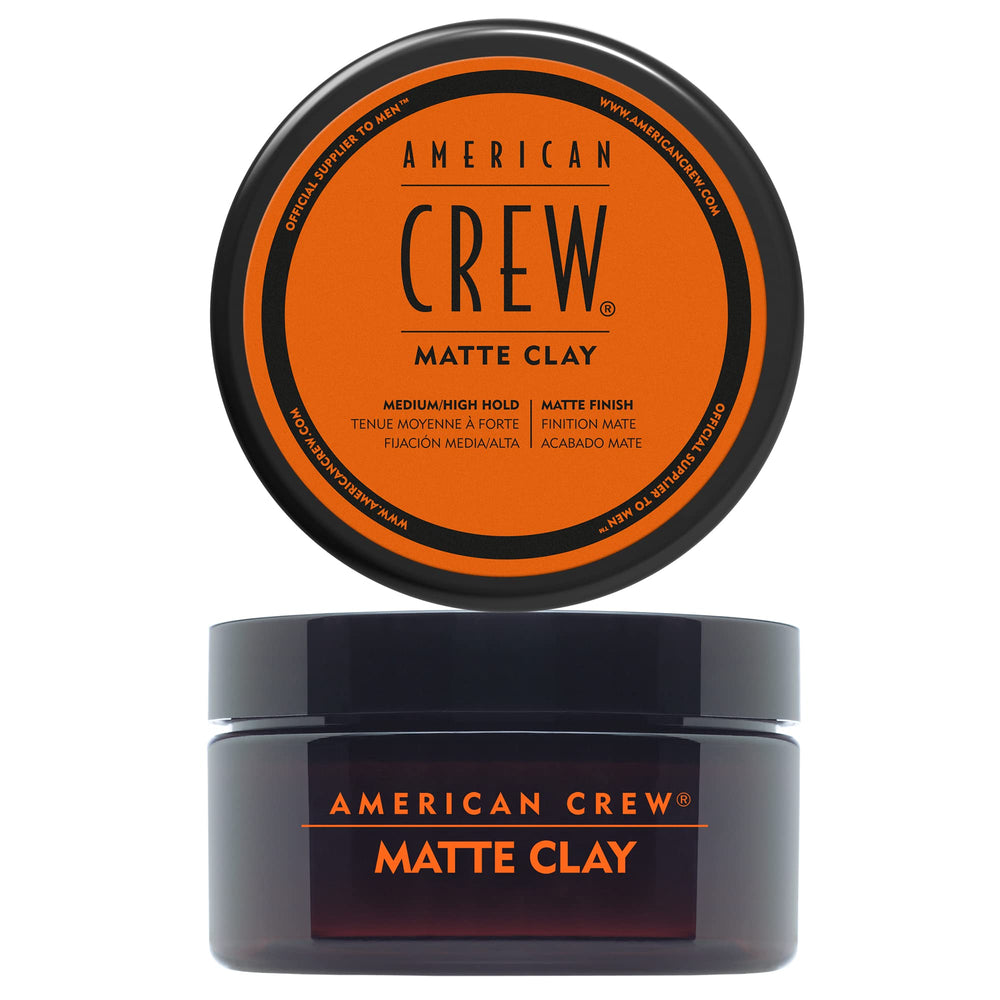 American Crew matte clay front jar showing label and hold benefits