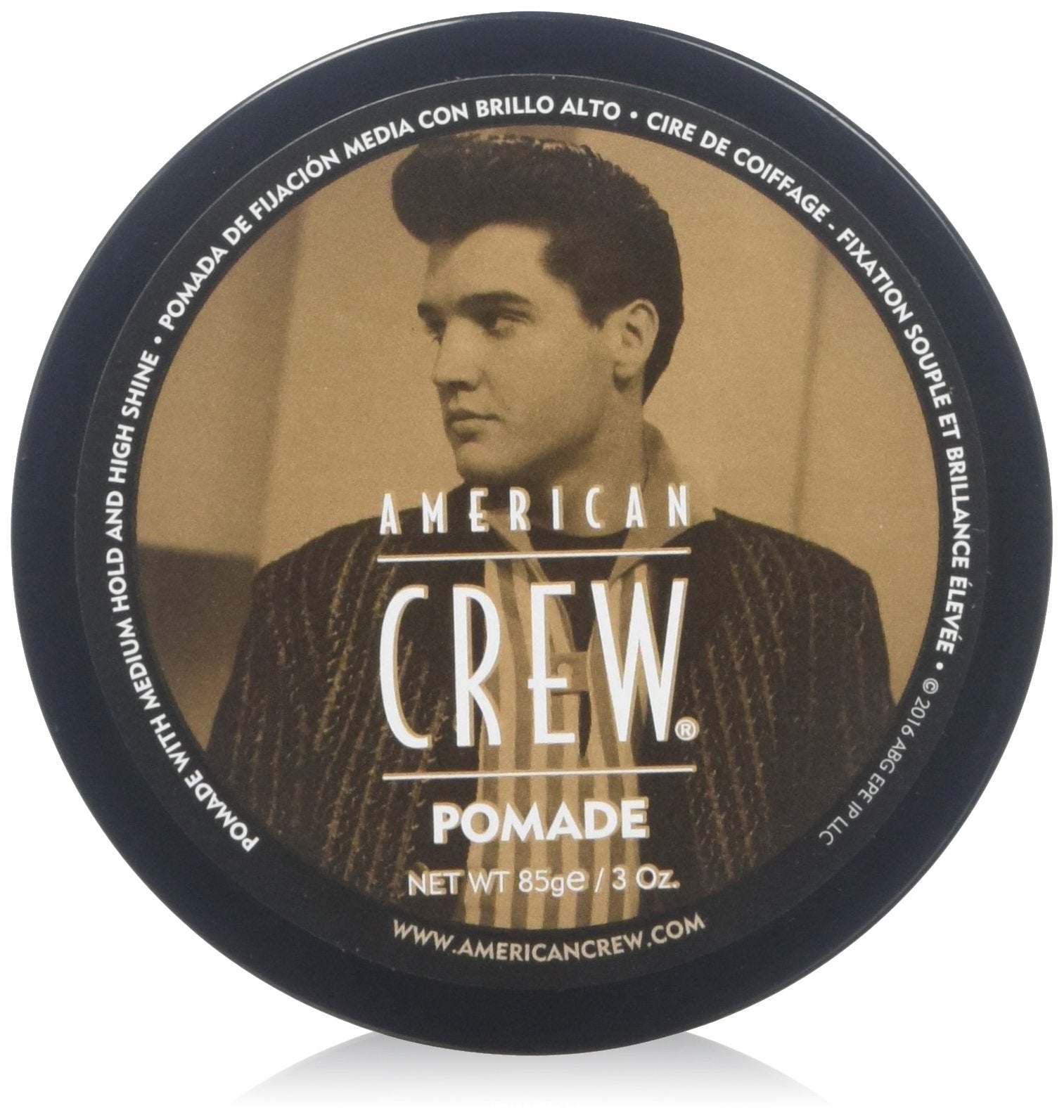 AMERICAN CREW pomade front jar showing label and tidy packaging benefit