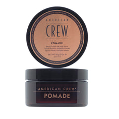 American Crew pomade jar front view showing label and glossy styling benefit