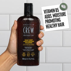 American Crew shampoo in hand during application demonstrating easy use and thorough rinse