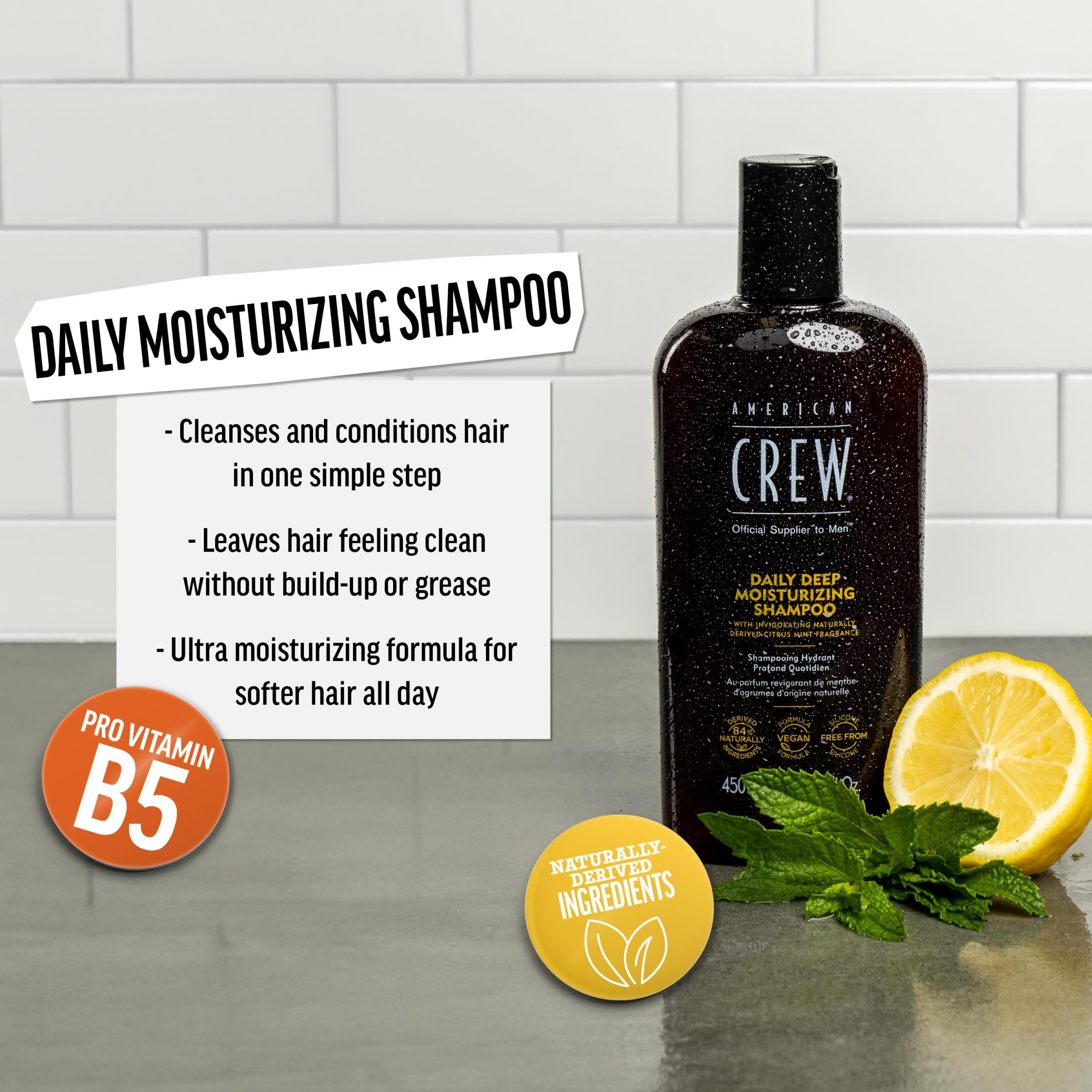 American Crew label and pump detail highlighting ingredients and convenient dispensing