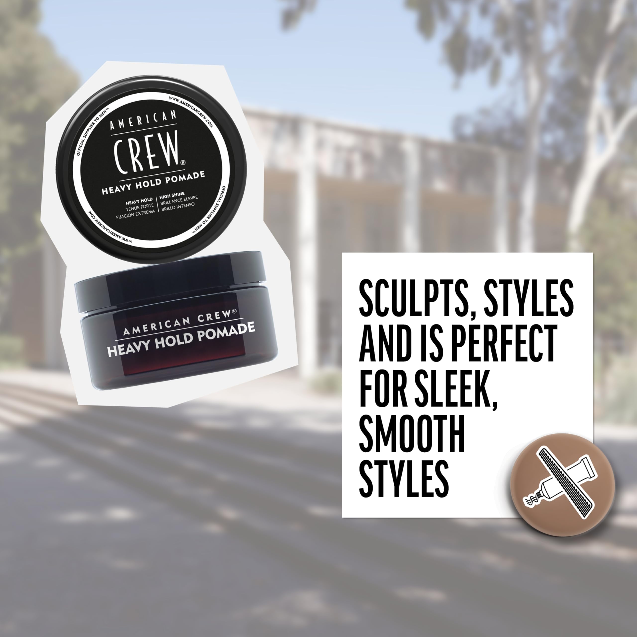 American Crew styled slick back hair demonstrating strong hold and shine