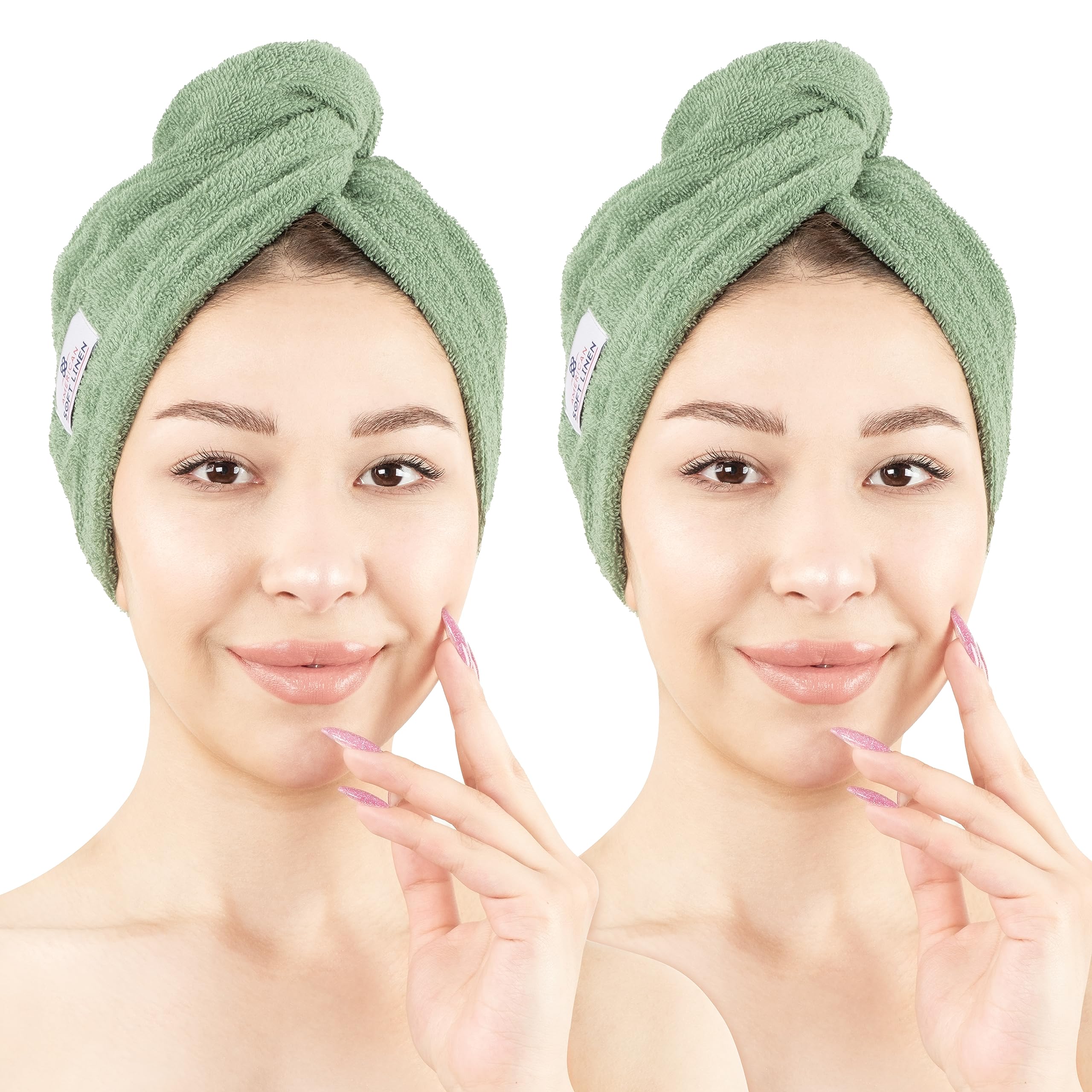 American Soft Linen front packaging sage green towel showing compact two-pack benefit