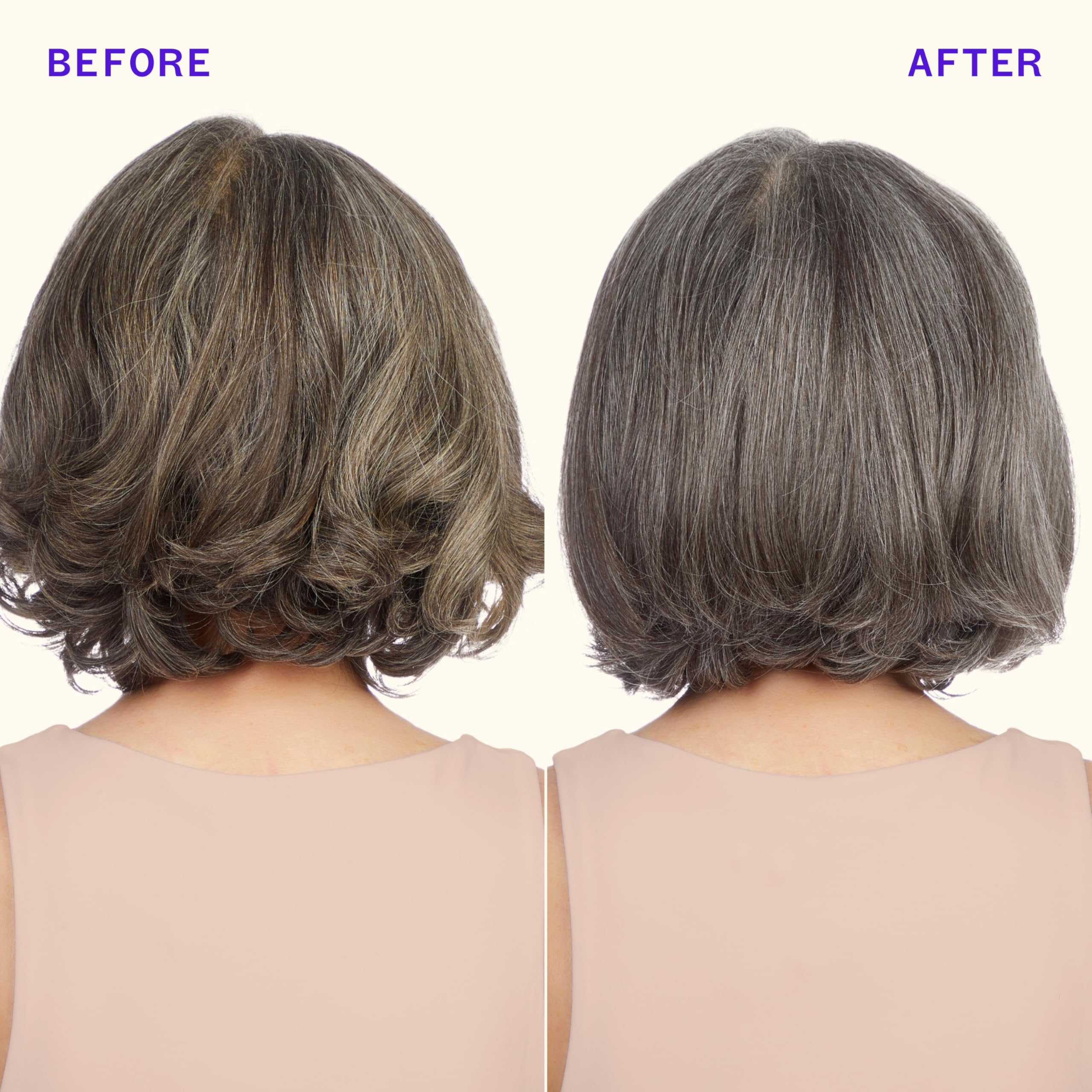 Amika side-by-side hair strand before and after toning effect