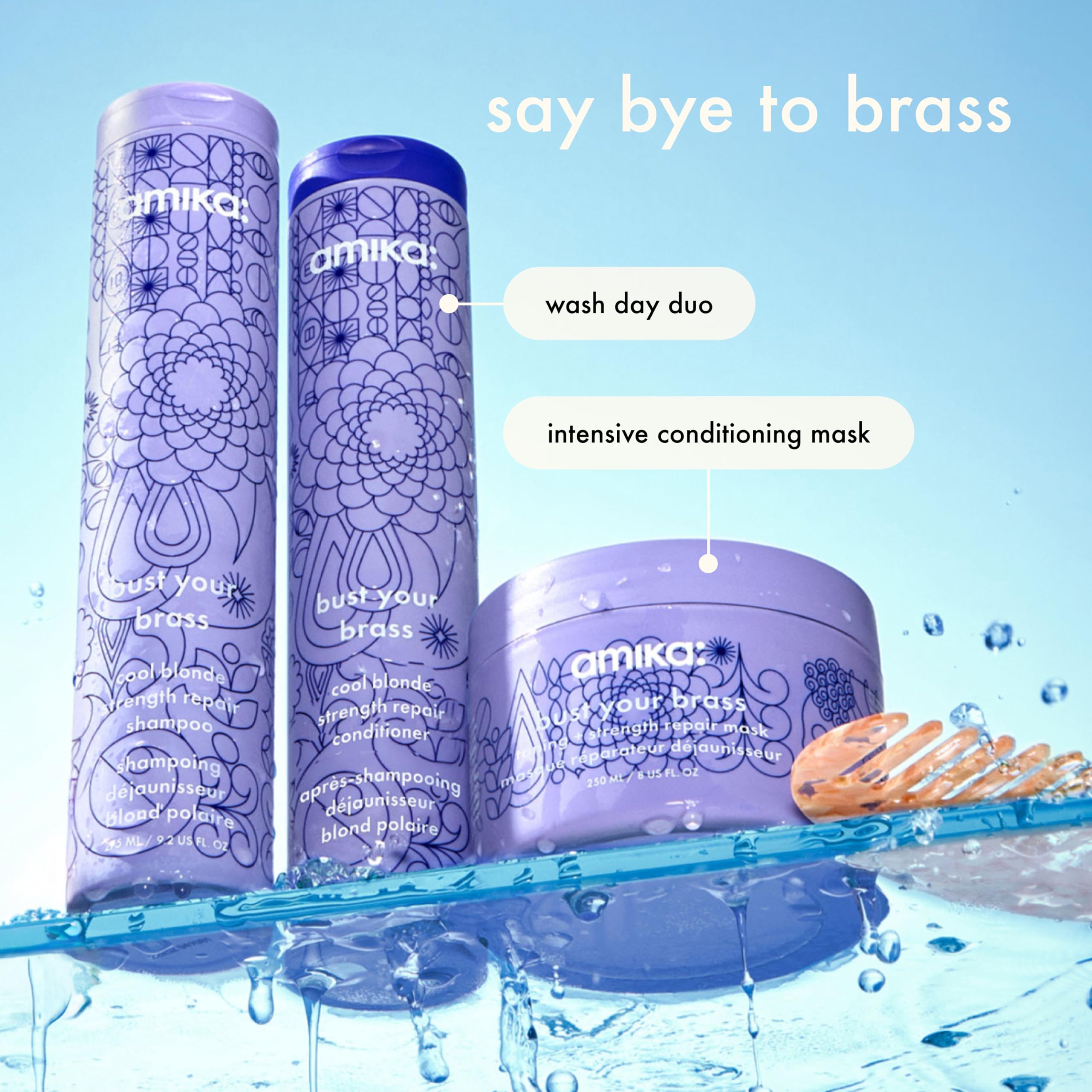 Amika conditioner and matching shampoo displayed as a system benefit