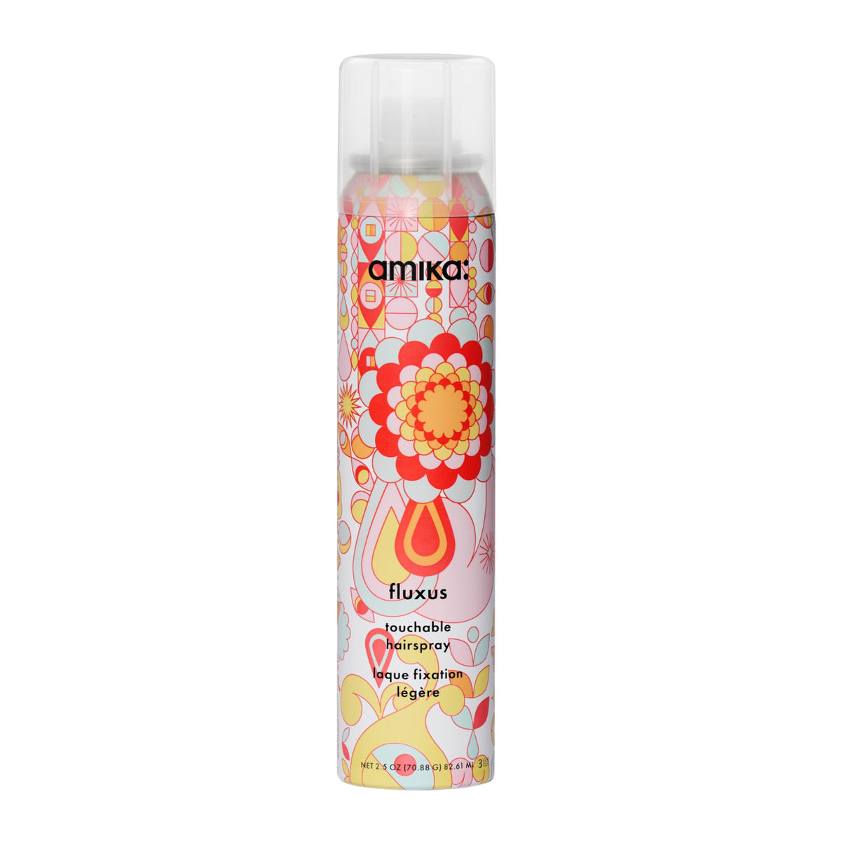 amika fluxus hairspray front can showing label and size for quick identification and portability