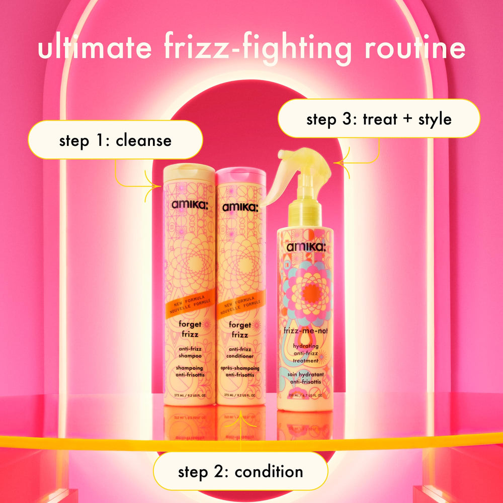 amika bottle on bathroom counter conveying salon-size convenience