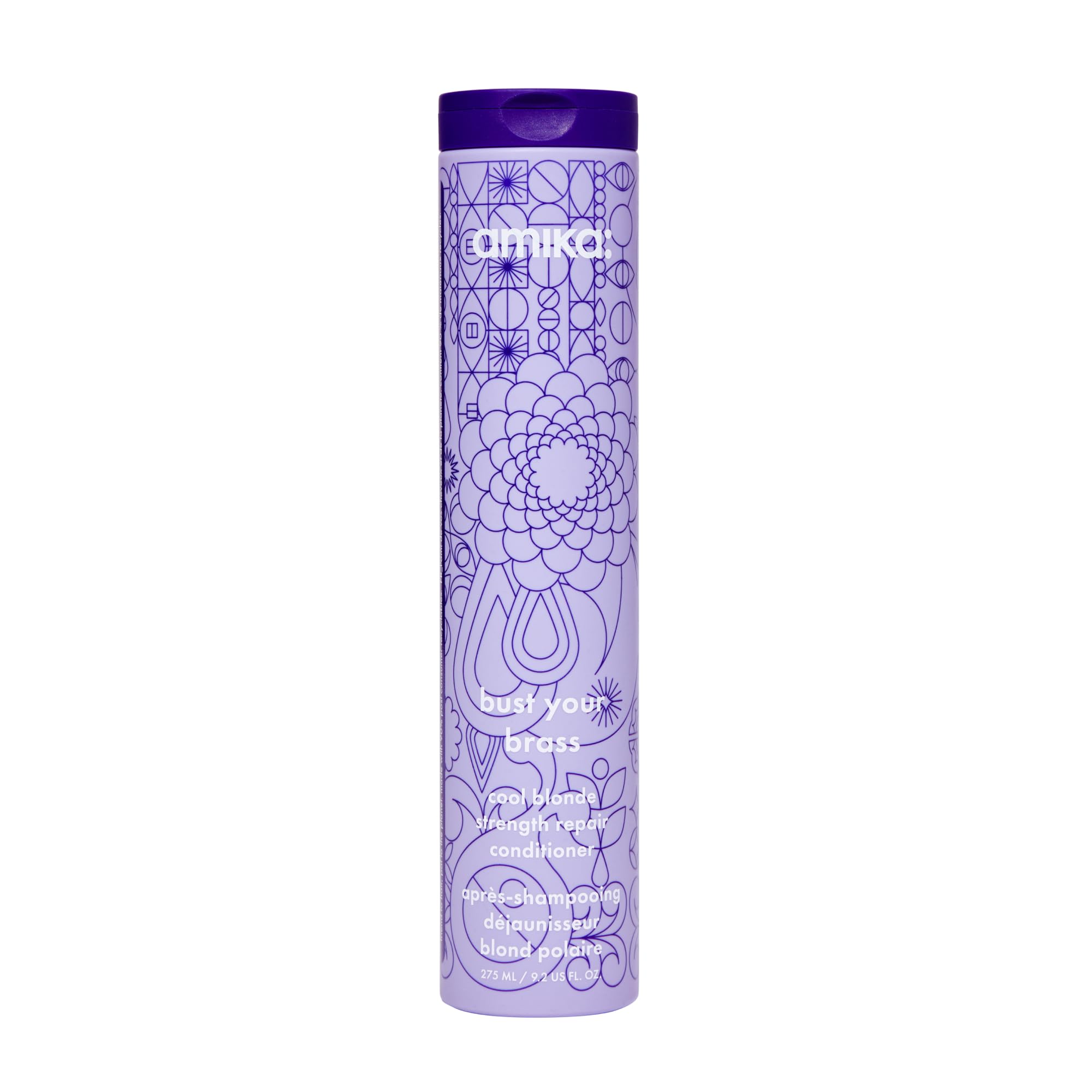 Amika front bottle showing Bust Your Brass conditioner and brand benefit