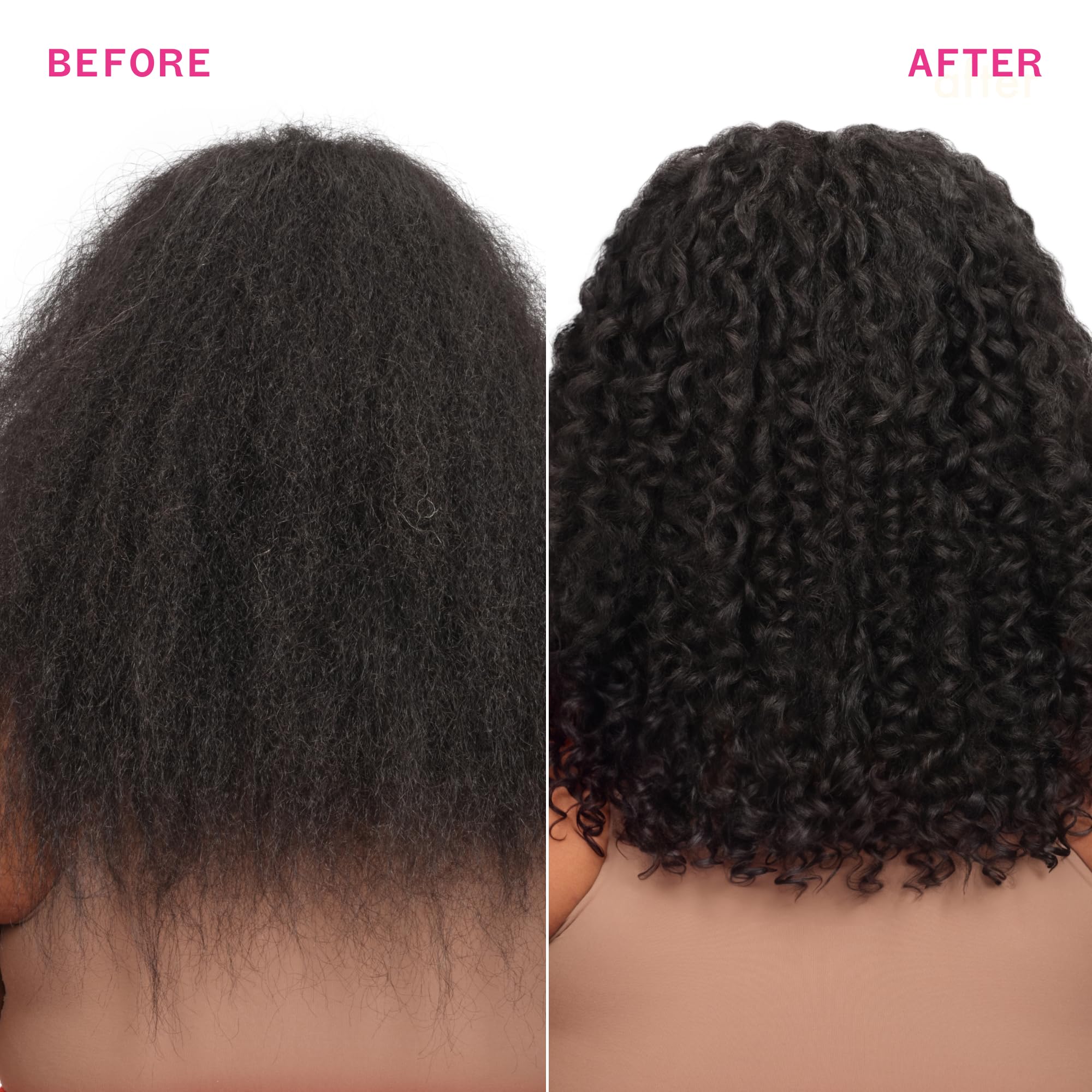 Amika before and after hair comparison illustrating reduced frizz and improved smoothness