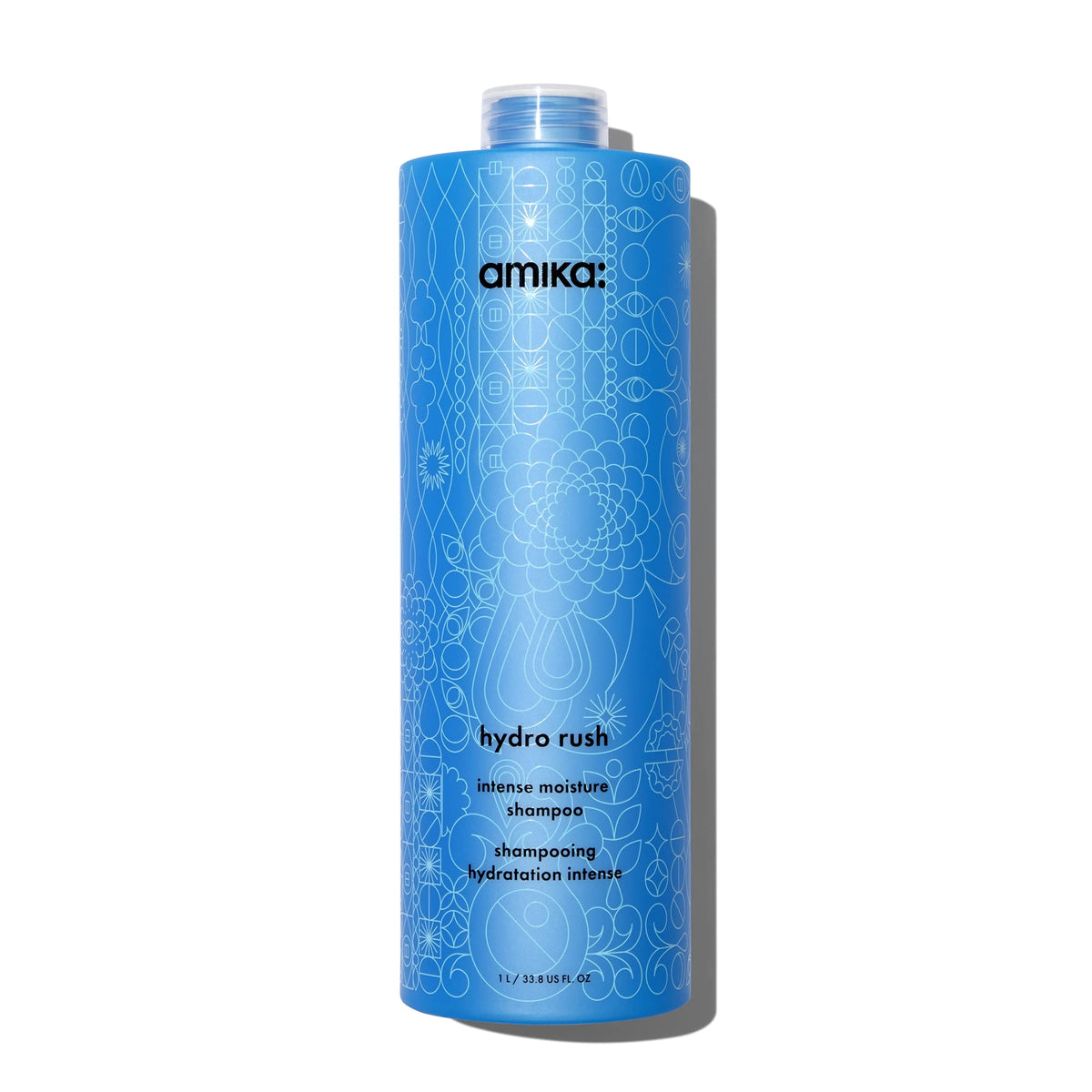 Amika frontal bottle shot showing hydro rush branding and benefit