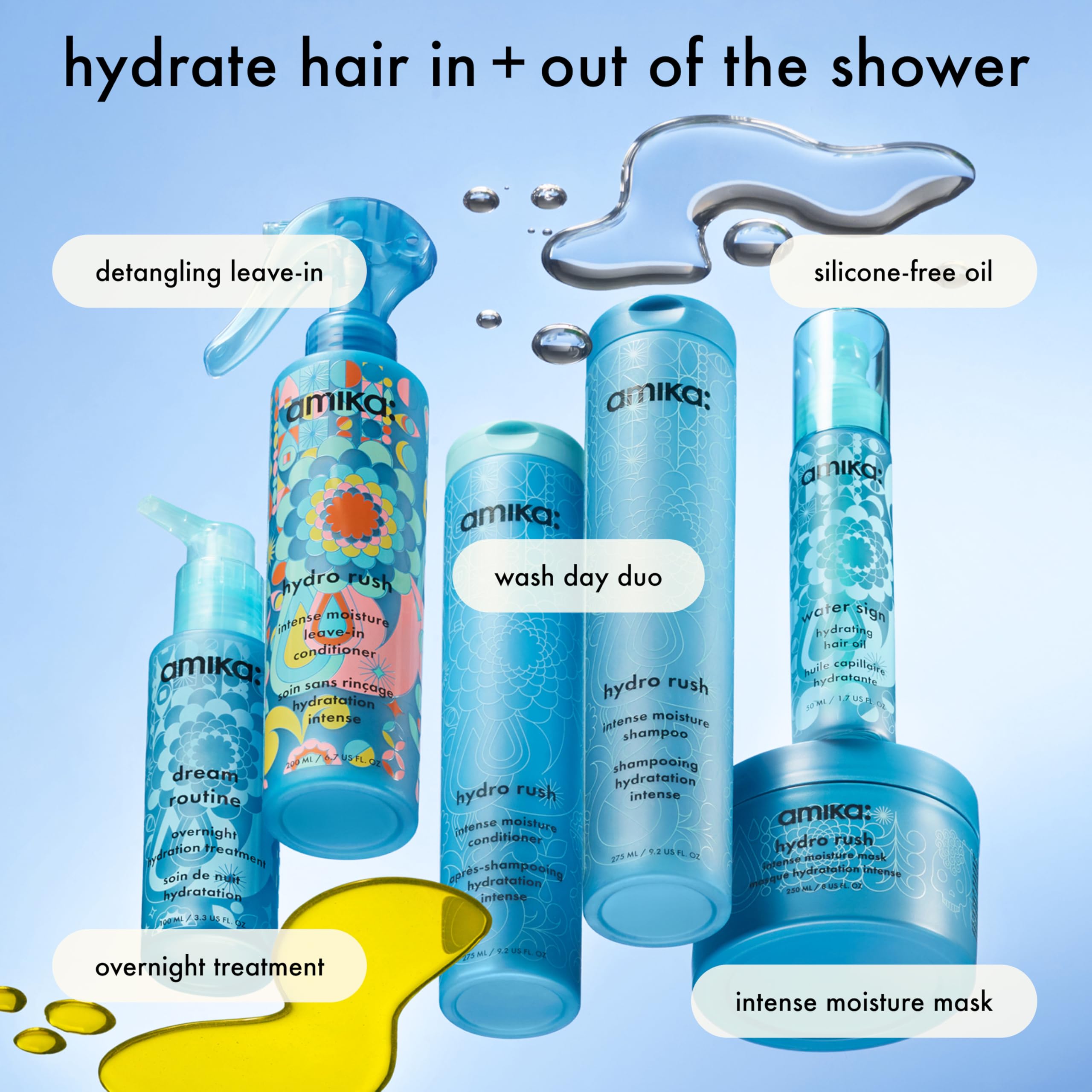 Amika shampoo being used in shower for gentle daily cleansing