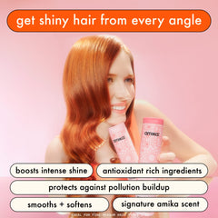 Close-up of Amika Mirrorball label highlighting product name and color protection benefits
