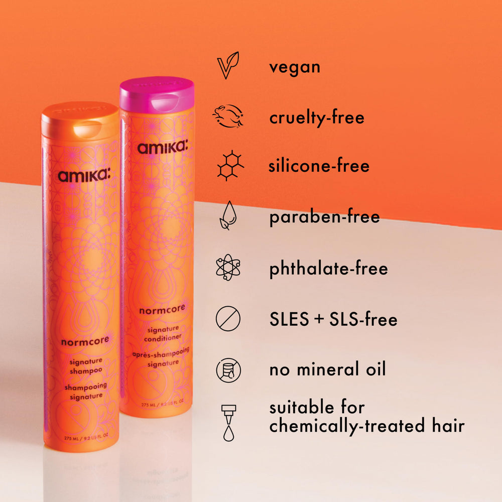 Amika Normcore bottle in bathroom lifestyle scene showing everyday routine compatibility