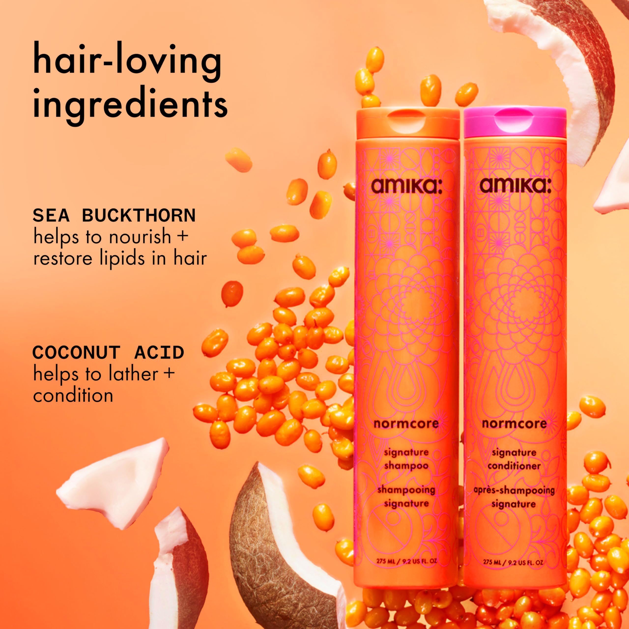 Dispensing Amika Normcore conditioner from pump highlighting easy dosing benefit