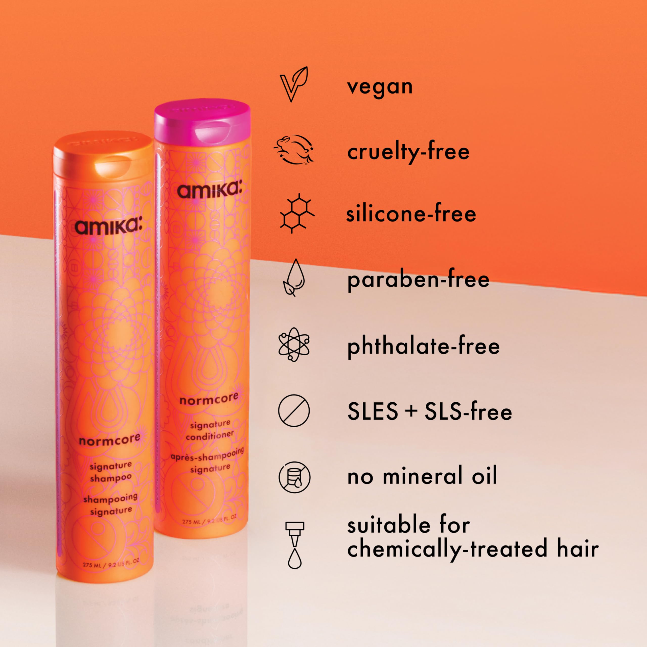 Amika Normcore with vitamins and antioxidants display emphasizing nourishing formula