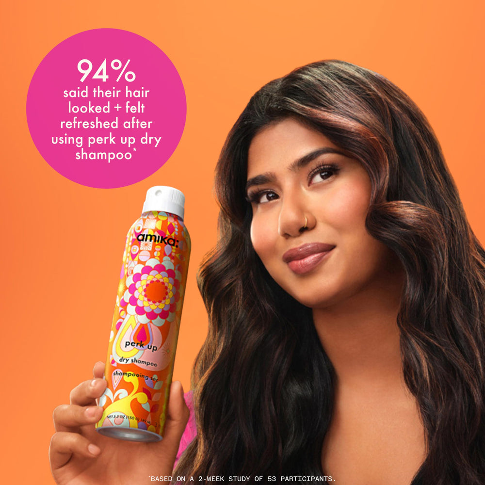 Amika label close-up highlighting talc-free formula details