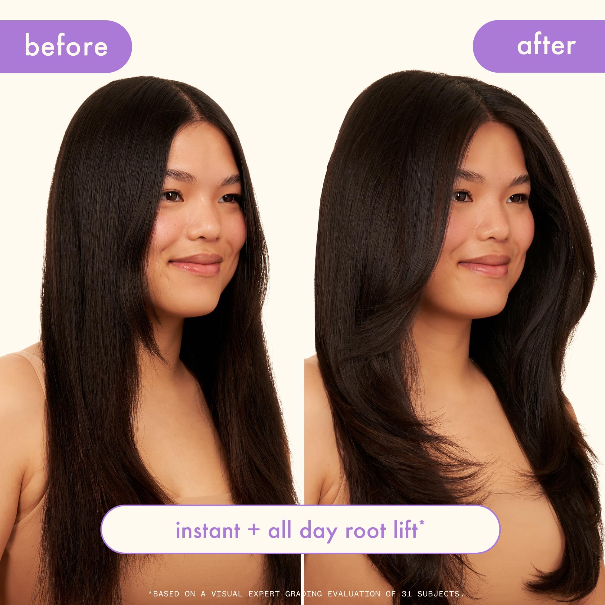 Amika root lift before and after showing instant elevated volume at roots
