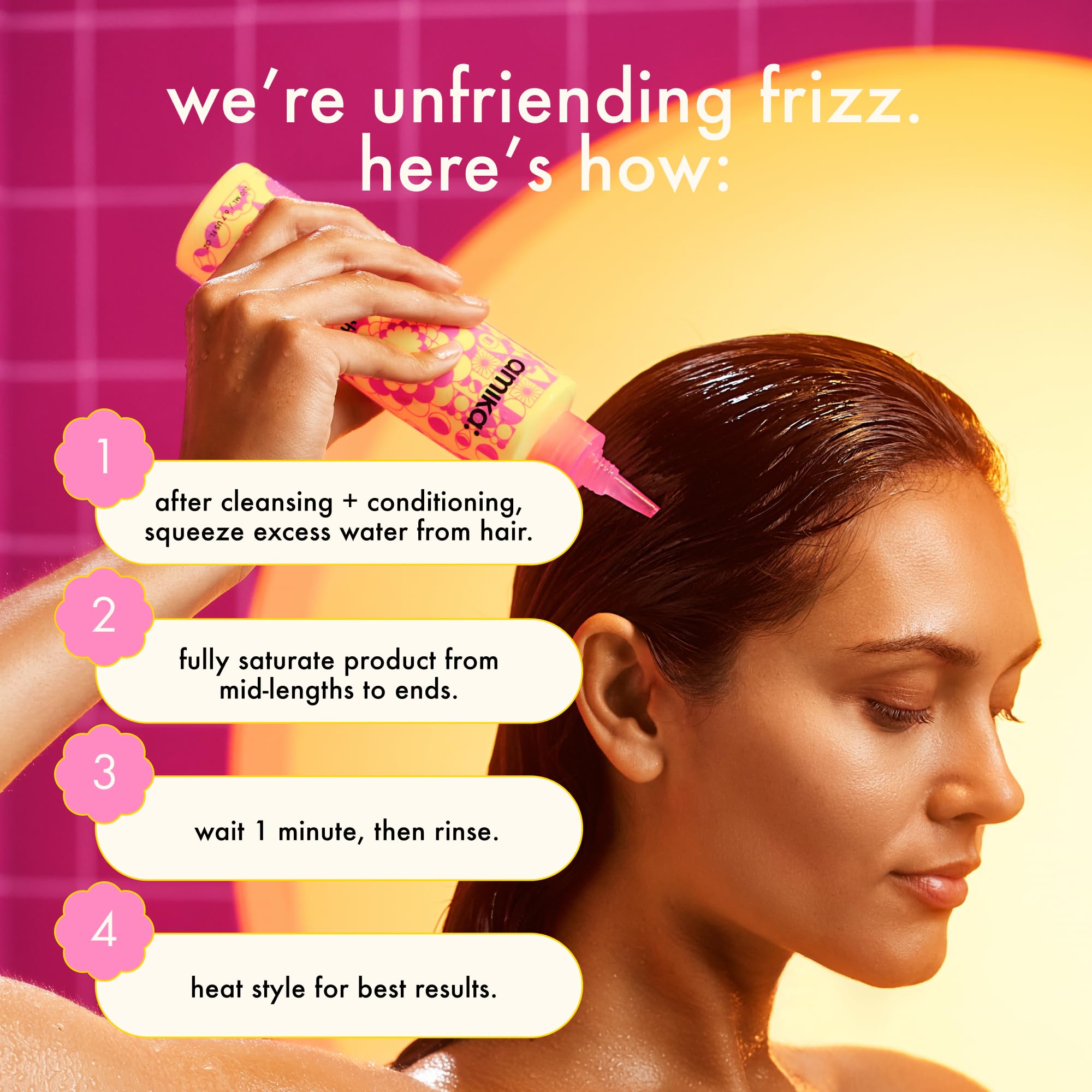 Amika before and after hair strands, displays visible frizz reduction benefits