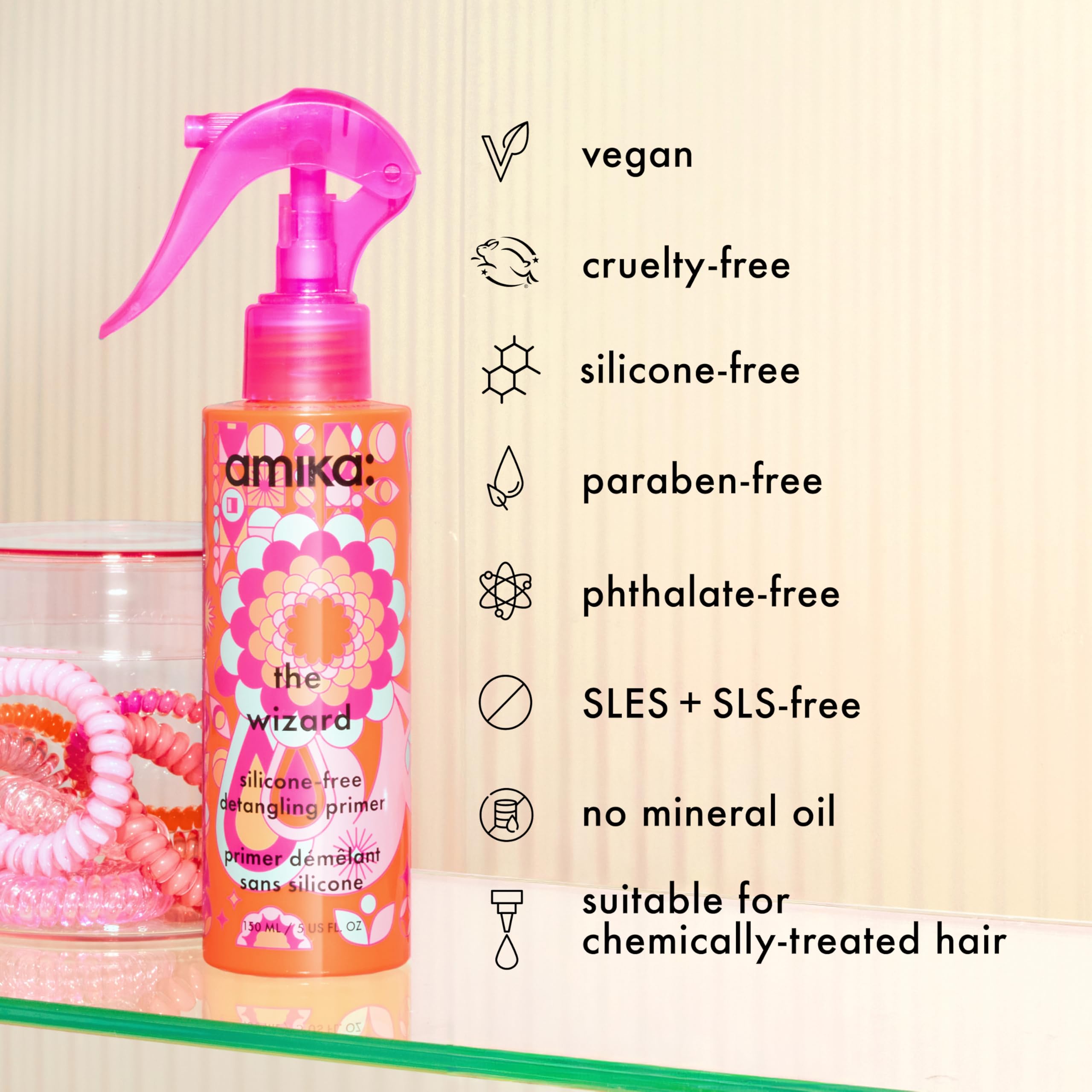 amika the wizard label close-up showing silicone-free heat-protection claims