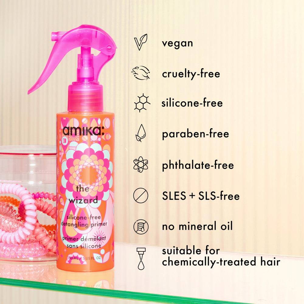 amika the wizard label close-up showing silicone-free heat-protection claims