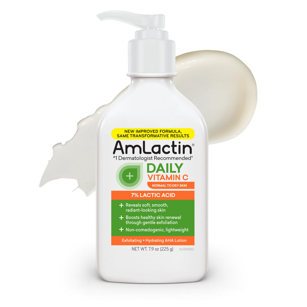 AmLactin front of bottle showing product and size, promotes visible skin smoothing