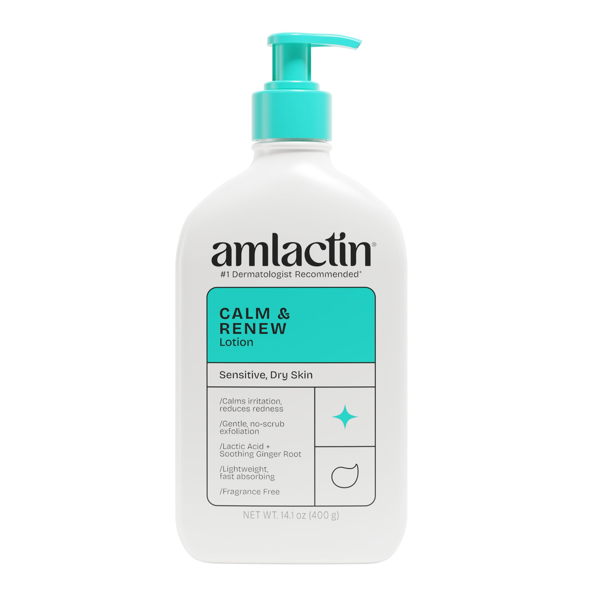 Amlactin front packaging showing 14.1 oz pump and clean design for easy use