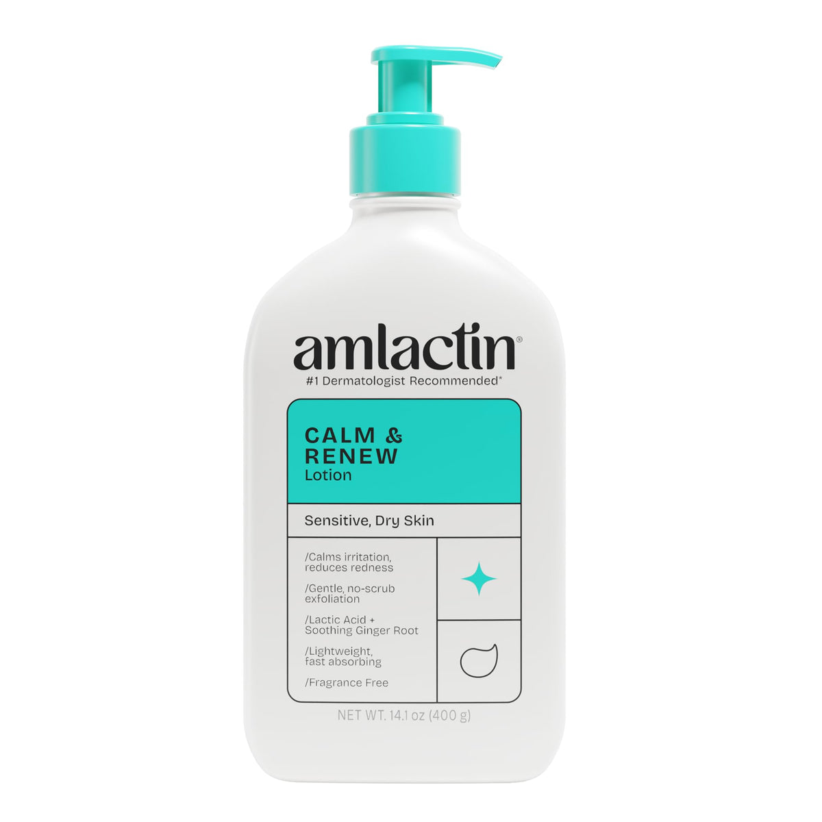 Amlactin front packaging showing 14.1 oz pump and clean design for easy use