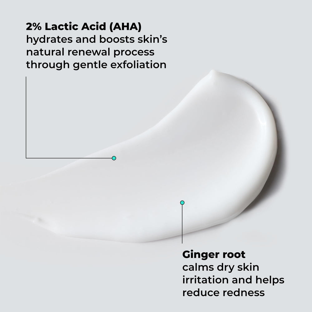 Ginger root beside Amlactin bottle illustrating calming ingredient for sensitive skin