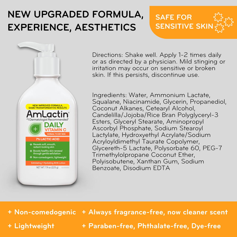 AmLactin label ingredient callout highlighting 7% lactic acid and Vitamin C benefits